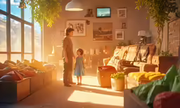 a woman standing next to a child in a living room