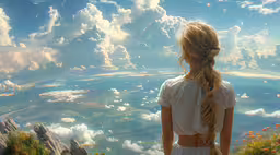the girl with braid standing on top of the hill looking at the view,a woman with long braid standing on top of a hill