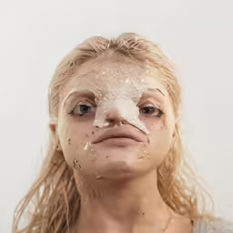 a woman with a chicken face mask on