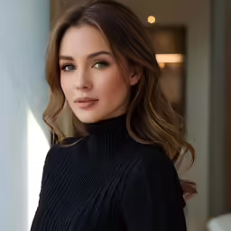 a woman in a black sweater with blonde hair wearing blue eyes