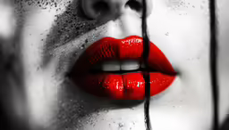 woman with red lips and makeup painted with silver glitter