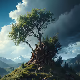 a tree on the top of a hill with mountains in the background