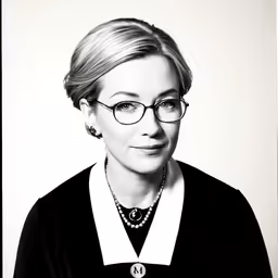 a woman is standing in front of a white wall
