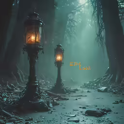 an old fashioned lamp post is in the middle of a forest