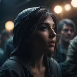 a young woman with a hooded sweatshirt and a messy ponytail stares into the distance, while on set of a movie