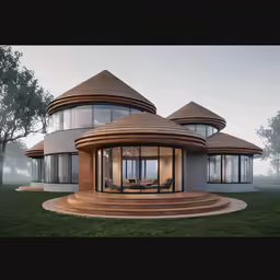 a large building that has three circular windows