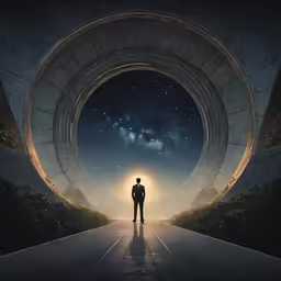 a man in the center of a tunnel looking at the sky