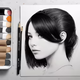 a drawing of a woman with a black hair in her bun and a pencil