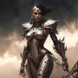 a woman in armor standing next to trees