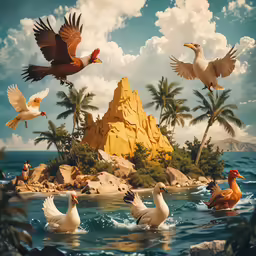 a painting of ducks floating in a lake