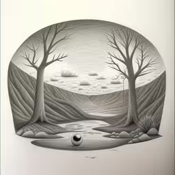 a drawing of a landscape made with black pencils,a pencil drawing of two trees next to a body of water,there is a drawing on paper with trees and a bird in the middle,a drawing of three trees on a mountain,some kind of artistic drawing with trees and water
