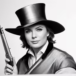 woman wearing a top hat with a gun