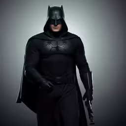 a batman villain holding his gun while wearing black leathers