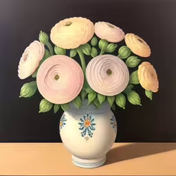 the large white vase is filled with large pink flowers,a vase has white and pink flowers in it,a painting of flowers in a vase with green leaves,there is a white vase with pink flowers in it,a painting of a vase with flowers on it
