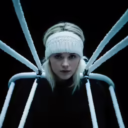 the blond woman is wearing a white hat and headband with huge wires on it