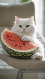 a white cat is sitting on top of a watermelon