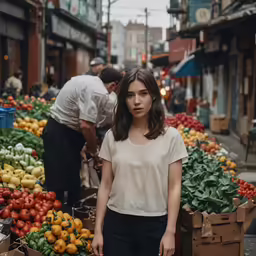 woman standing in the middle of a fruit market looking up at man on side