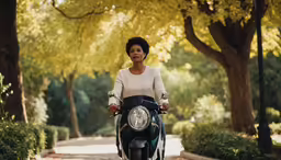 a woman is riding her motorcycle down the road