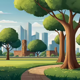 the cartoon shows trees with green tops and some buildings