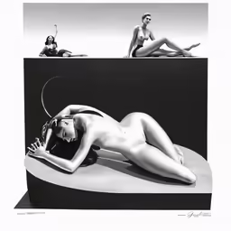 a nude woman laying on top of a round table next to another