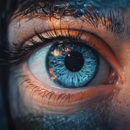 an eye with blue iris looking up in the sky