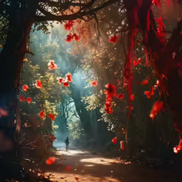 a man in a park with red flowers growing on the ground
