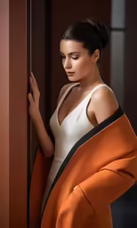 the beautiful woman is posing by the wall