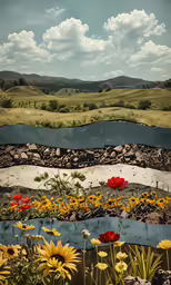 an image of colorful flowers and a scenic landscape