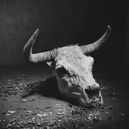 a cow with long horns standing on some rocks