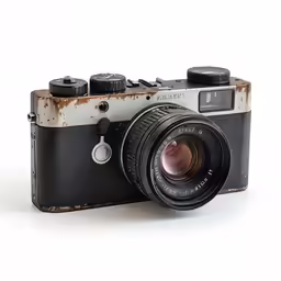 a brown and white old fashioned camera with a rusty face