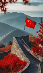 a flag that is flying in the air near mountains