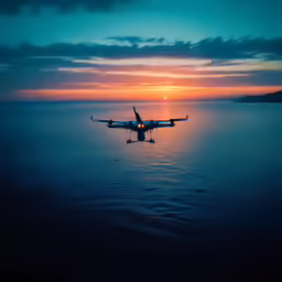 a plane is flying over a lake at sunset