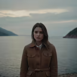 a woman is standing near a body of water