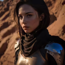 a beautiful woman wearing armor in a desert