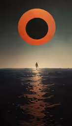 the man is walking along the water under an orange object