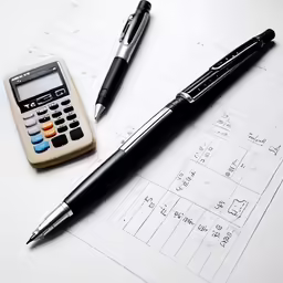 a calculator, pen and pencil laying on a table top