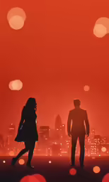a couple walks in the distance in front of a background of city lights