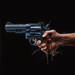 a woman is holding a gun out in the dark