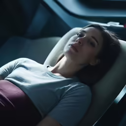 a pregnant woman laying down on a car seat