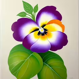 a painting of flowers with two green leaves,large flower displayed in a green leafy frame