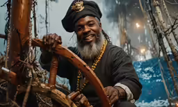 the ship captain is smiling with his steering wheel
