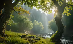 a beautiful view of the sun breaking through the trees