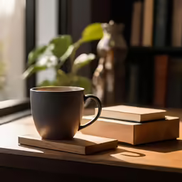 two mugs and several books sitting on a table
