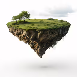 an island with grass growing from the water is floating to the sky