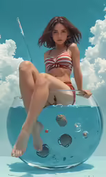 a woman sitting on a bubble of water wearing a bikini top