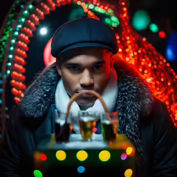 a man wearing a fur coat and hat next to a clock and christmas lights