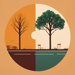 three tree with bench, park and lake,two different colored sections of a tree
