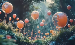 an artistic and colorful picture shows an odd garden with orange balls in the air