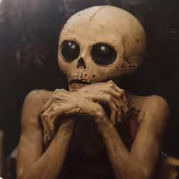 a strange looking skeleton holds his hand on his face