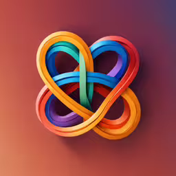 colorful intertwined objects against a maroon background,four colored 3d ribbons tied to a pink background